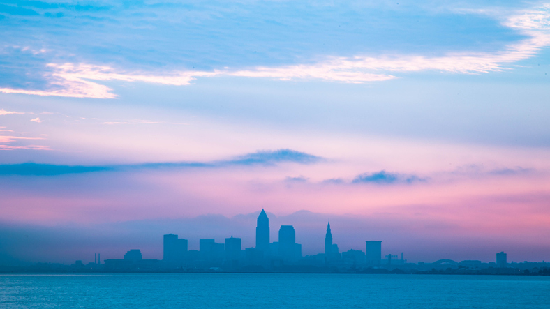 Landscape photo of downtown Cleveland Ohio on cloudy day.